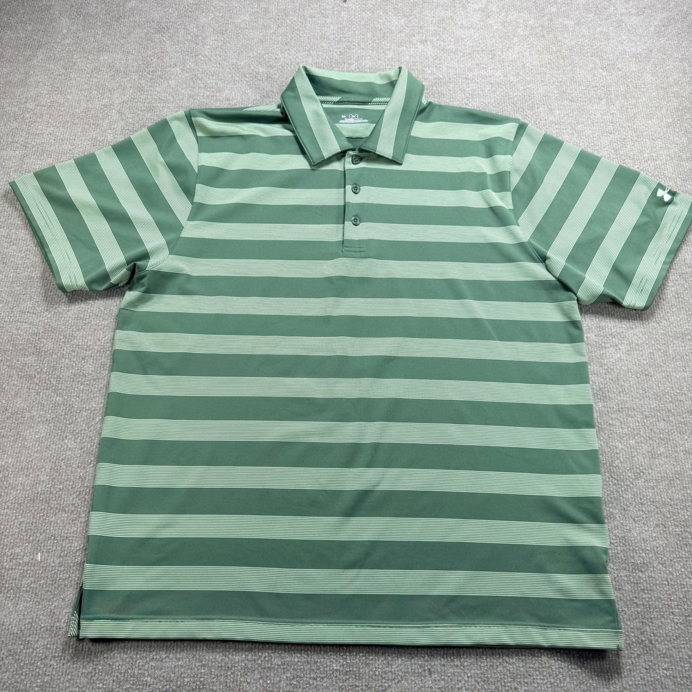 Under Armour HeatGear Mens Large Green Striped Short Sleeve Golf‎ Polo Shirt